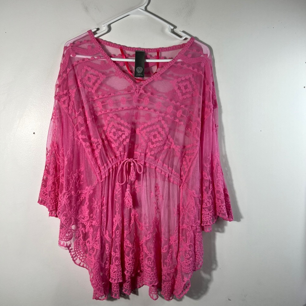 Womens Vince Camuto Sheer Lace Caftan Blouse Cover Pink OS Cotton Polyester